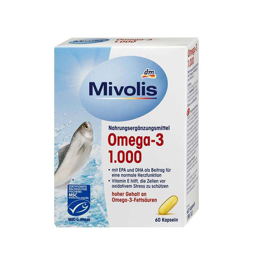 کپسول امگا ۳ میولیس حاوی ۱۰۰۰ میلی‌گرم روغن ماهی Mivolis Omega-3 1.000 اصل آلمان